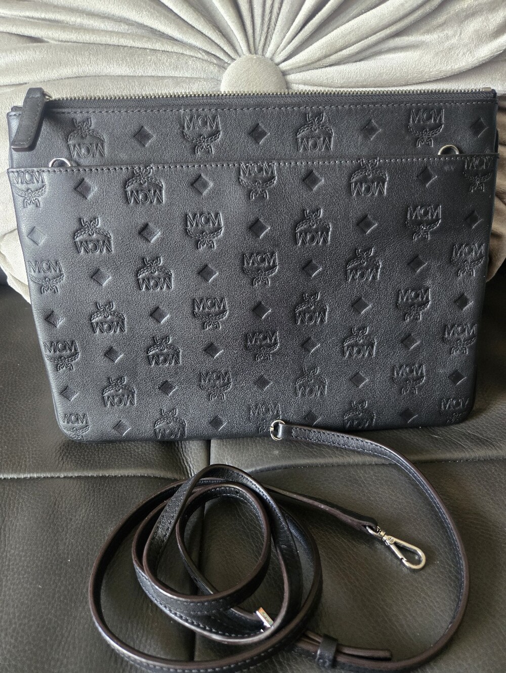 MCM Black Leather Embossed Visetos Bag w/Interior Zip Pocket